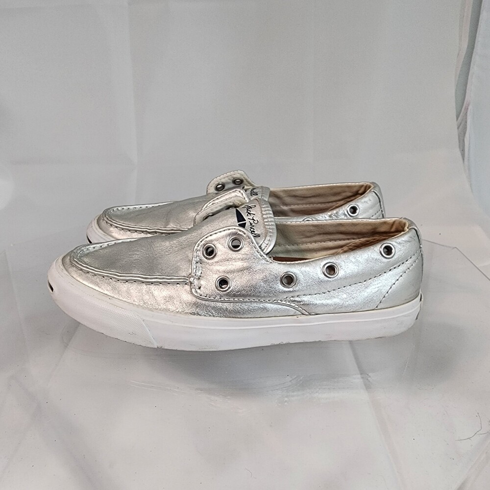 Converse Jack Purcell Women 6.5 Silver Leather White Low Top Slip On Boat Shoes